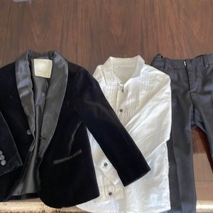 Mixed Zara jacket and H&M tux shirt and H&M tux pants little boy size 4/5